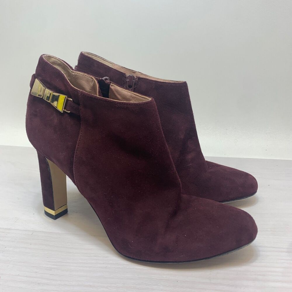 Kate Spade Aldaz Cabernet Suede Gold Bow Ankle Boots Straight Heel‎ Women’s 6.5B
